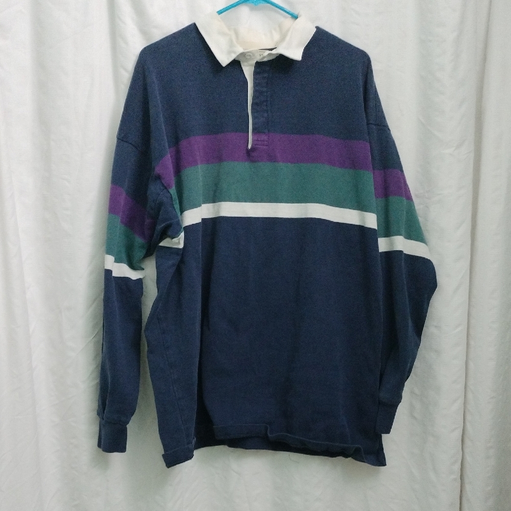 L.L. Bean Navy and White Rugby Shirt